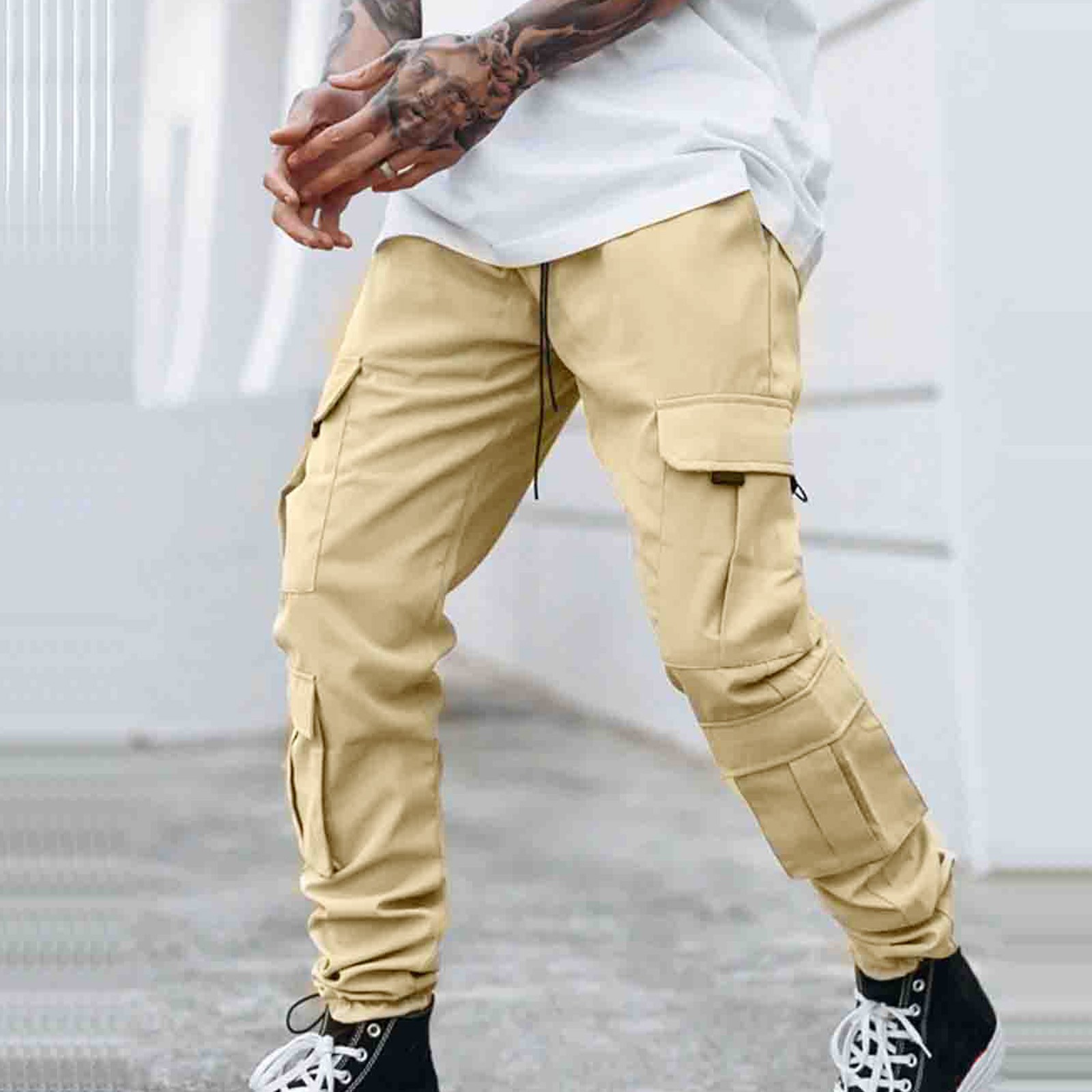 thumbnail image 5 of Pantalones cargo informales para todas las estaciones para hombre: pantalones de chándal con cintura elástica y bolsillos para actividades al aire libre y uso diario, 5 of 8